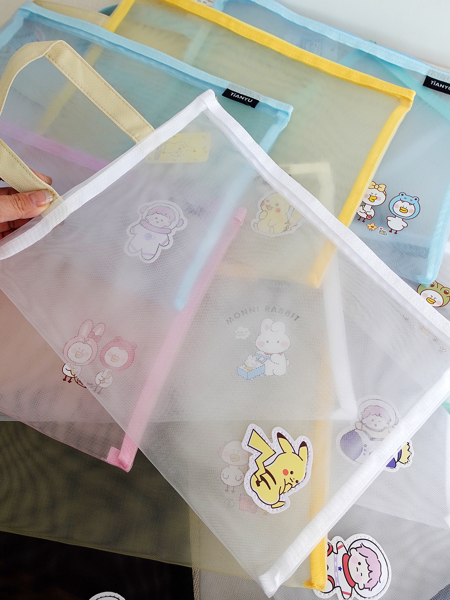 Cute Cartoon A4 Hand Pull Chain Bag Bill Bag Mesh Yarn File Bag Student Exam Bag Stationery Homework Cashier Bag
