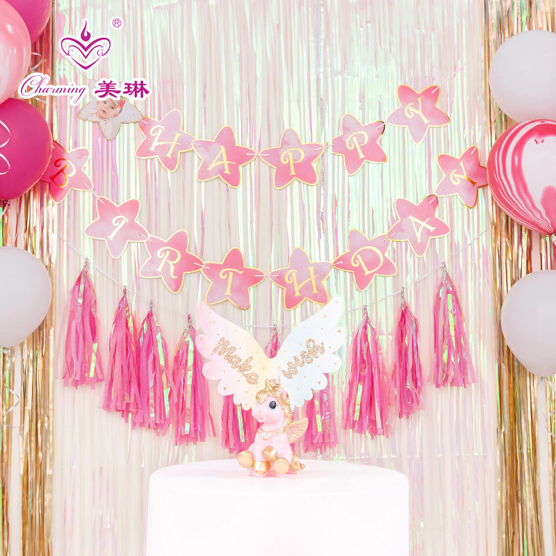 Customized happy birthday flag, pennant, gilded fishtail flag, pentagram flag, flower party birthday arrangement