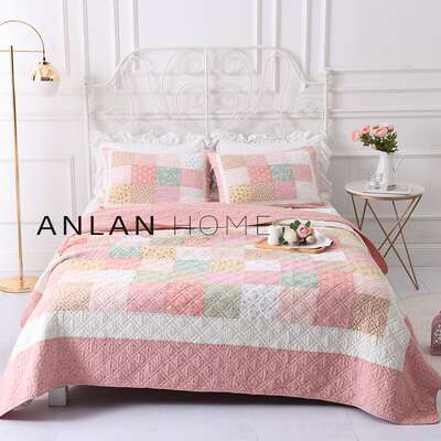 A three-piece set of Korean-style hand-stitched pure cotton bed cover and air conditioner quilt in a rural style for foreign trade