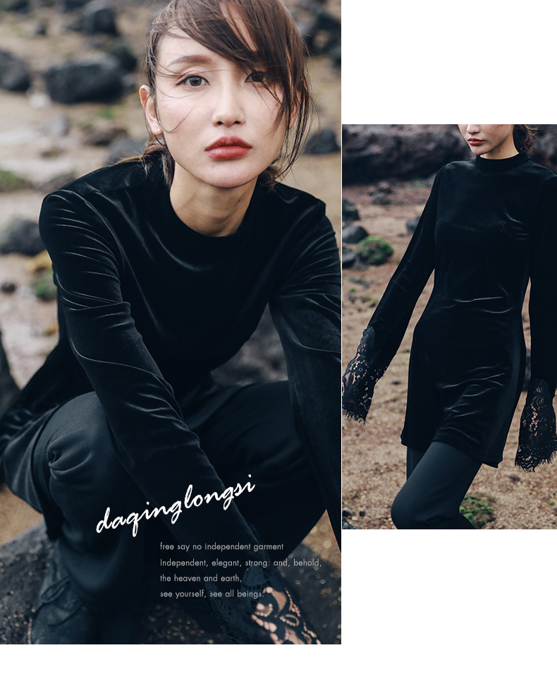 Đầm nhung Dayu Longyu 2019 mùa xuân mới ren khâu tay áo retro kèn tay dài váy phụ nữ thủy triều váy xòe liền thân dáng dài