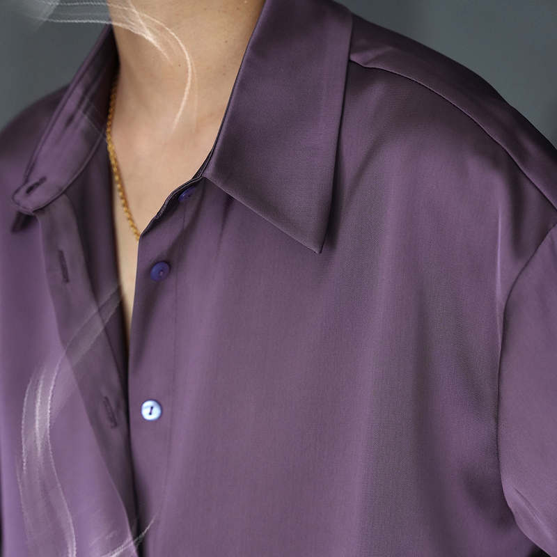 Colorful High-End Purple Silky Lazy Faux Acetate Satin Shirt, Loose Fit, Plus Size, Unisex, with a Draping, Lazy, and Unique Style Colorful High-End Purple Silky Lazy Faux Acetate Satin Shirt, Loose Fit, Plus Size, Unisex, with a Draping, Lazy, and Unique Style