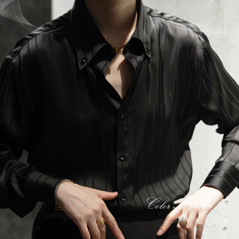 Ascetic Black Faux Acetate Satin Striped Drapey Lazy Silky Wrinkle-Resistant Cool and Stylish Sun-Protective Long-Sleeve Shirt for Men and Women