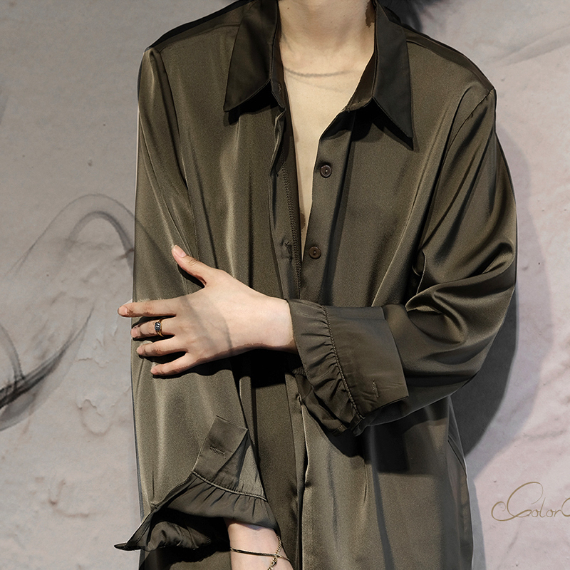 Color High-End Silky Satin Bright Retro Tea Coffee Color Lazy Drape Loose Unisex Plus Size Long-Sleeved Shirt