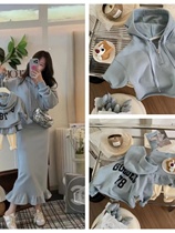 2023 parent-child set childrens zipper design hooded sweatshirt Korean style pullover skirt mother and child two-piece set
