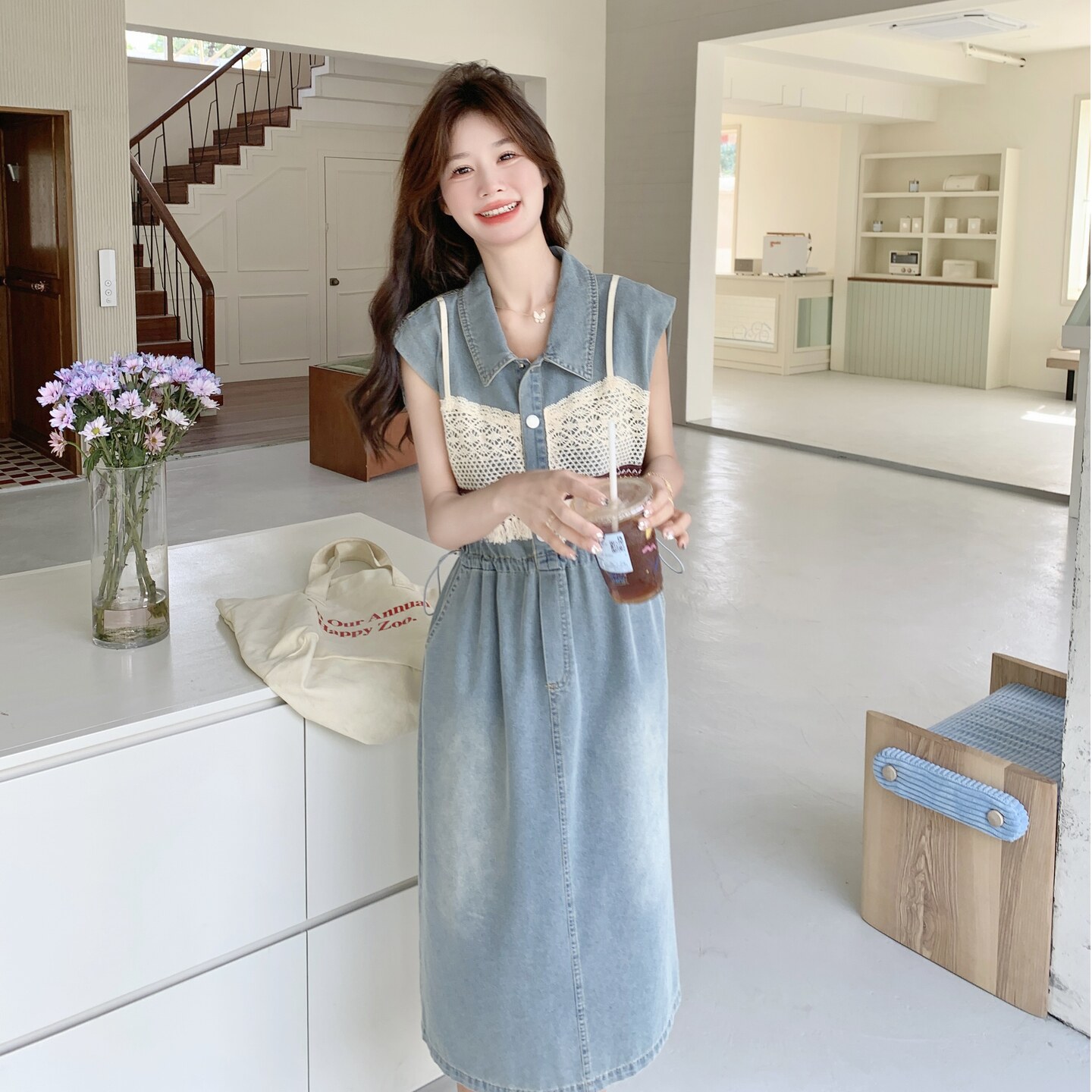 蕾丝拼接无袖牛仔连衣裙女2025夏季新款甜酷风时尚收腰显瘦a字裙,女装连衣裙,2C218
