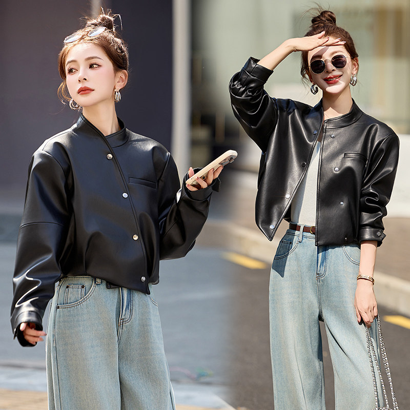 【新品】不规则设计款黑色皮衣外套女百搭1C115-2513-P125-K228,女装皮衣,吾爱衣