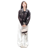 美拉德咖色机车皮衣外套女2025秋季新款韩版小个子甜酷风pu皮夹克，女装短外套，2C012