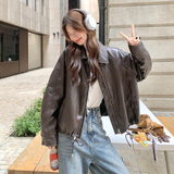 港式复古咖色减龄皮衣短外套女春秋2025新款小个子酷飒风PU皮夹克，女装皮衣，衣珂纱朗