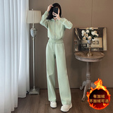女秋拉链连帽开衫卫衣阔腿裤两件套潮，女装套装/套裙，2C310