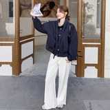 藏青色短款立领休闲外套女秋2025新款小个子宽松洋气百搭爆款上衣，女装短外套，2D008