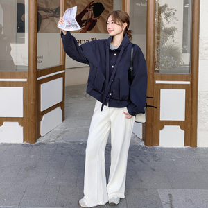 藏青色短款立领休闲外套女秋2025新款小个子宽松洋气百搭爆款上衣图片