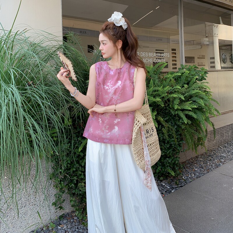 现货：夏装新款提花无袖上衣＋阔腿裤两件套2C135-8861P155K228,女装套装/套裙,2C135