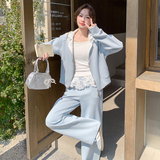 休闲运动蕾丝花边连帽蓝色卫衣套装女春秋洋气高级感阔腿裤两件套，女装套装/套裙，2C166