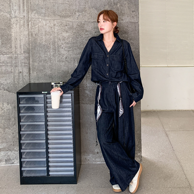 深蓝色复古牛仔套装女秋2026新款韩版设计感衬衫直筒阔腿裤两件套,女装套装/套裙,2C218