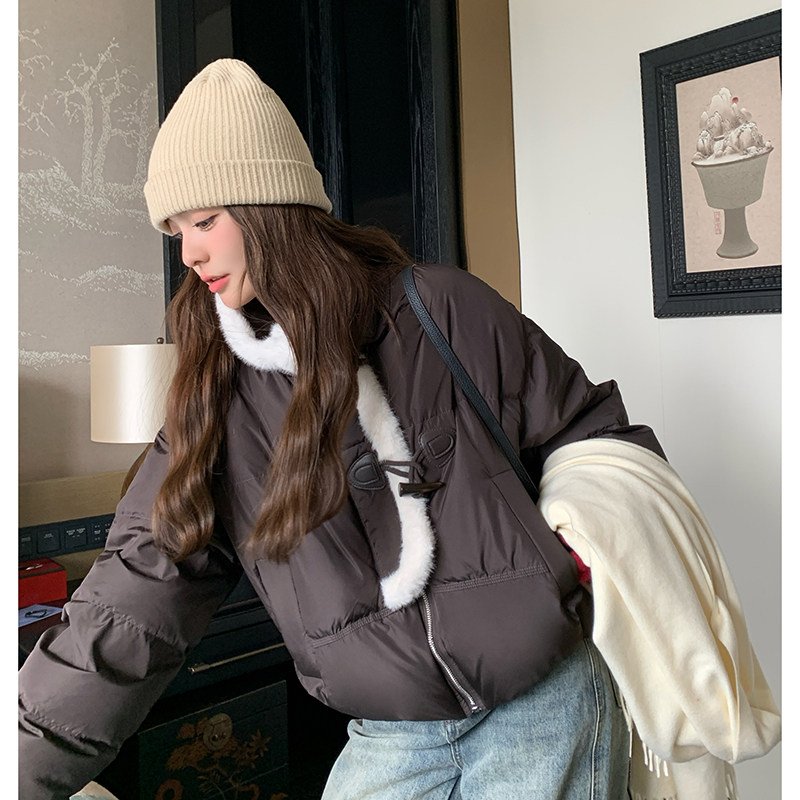 LeceaAlice短款羽绒服女2025冬季新款韩版拼接毛绒白鸭绒面包服,女装短外套,2C088