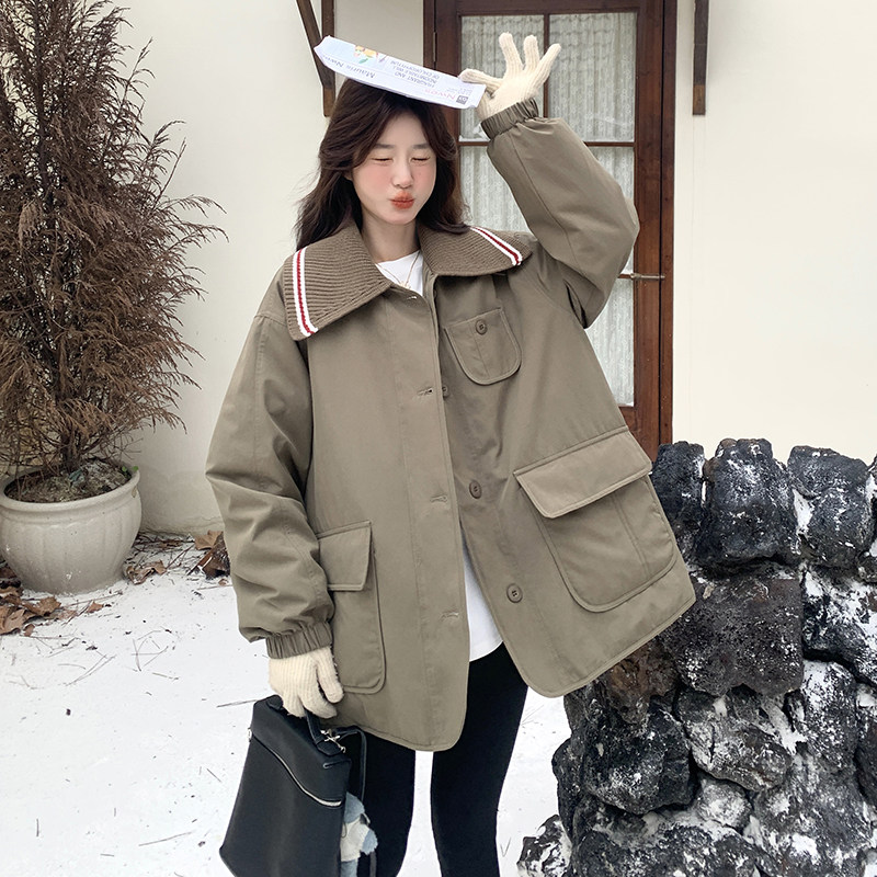 现货军绿色拼接毛线领内胆90白鸭绒加厚外套5833-P275-K408,女装羽绒服,2C159