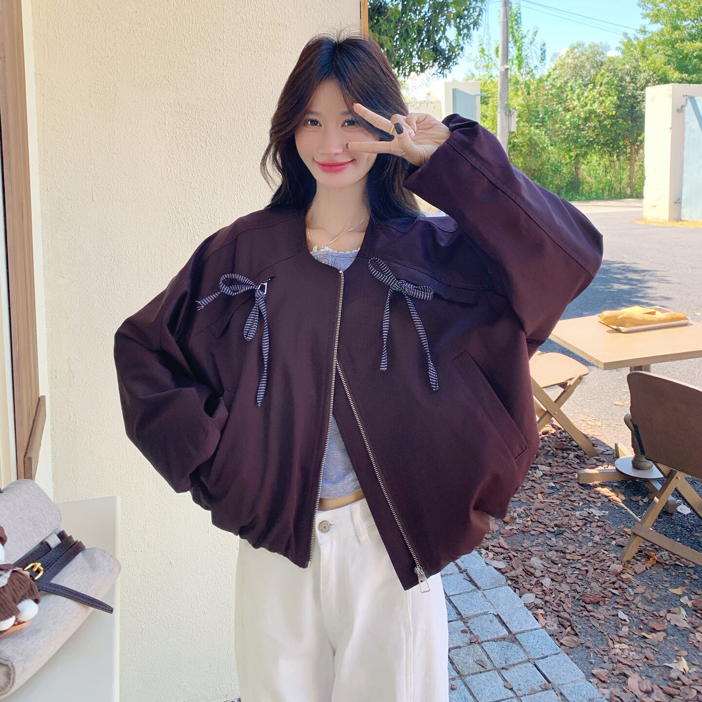 洋气炸街蝴蝶结圆领外套女2025秋季新款超好看宽松小个子短款夹克,女装短外套,2C307