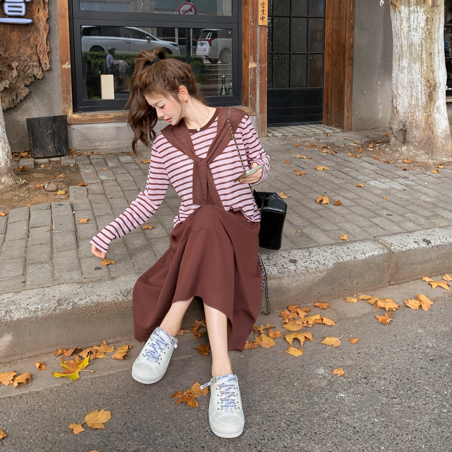 小个子条纹长袖T恤披肩套装裙女2025秋季新款松弛感半身裙三件套,女装套装/套裙,2C266