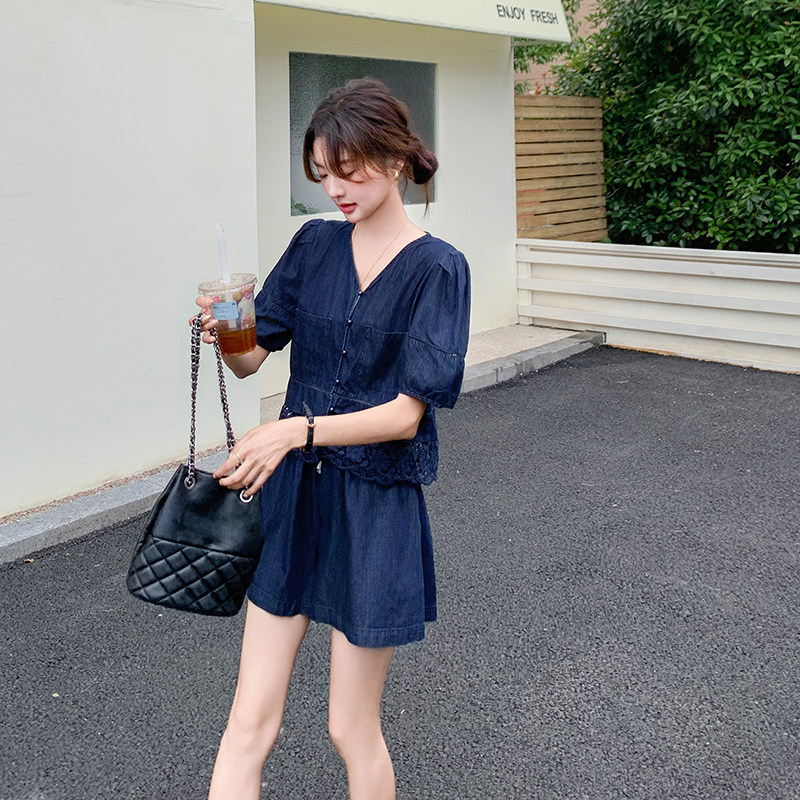 小香风牛仔套装裤女夏薄2025新款流行高级松弛感冷淡风高腰短裤,女装套装/套裙,2C166
