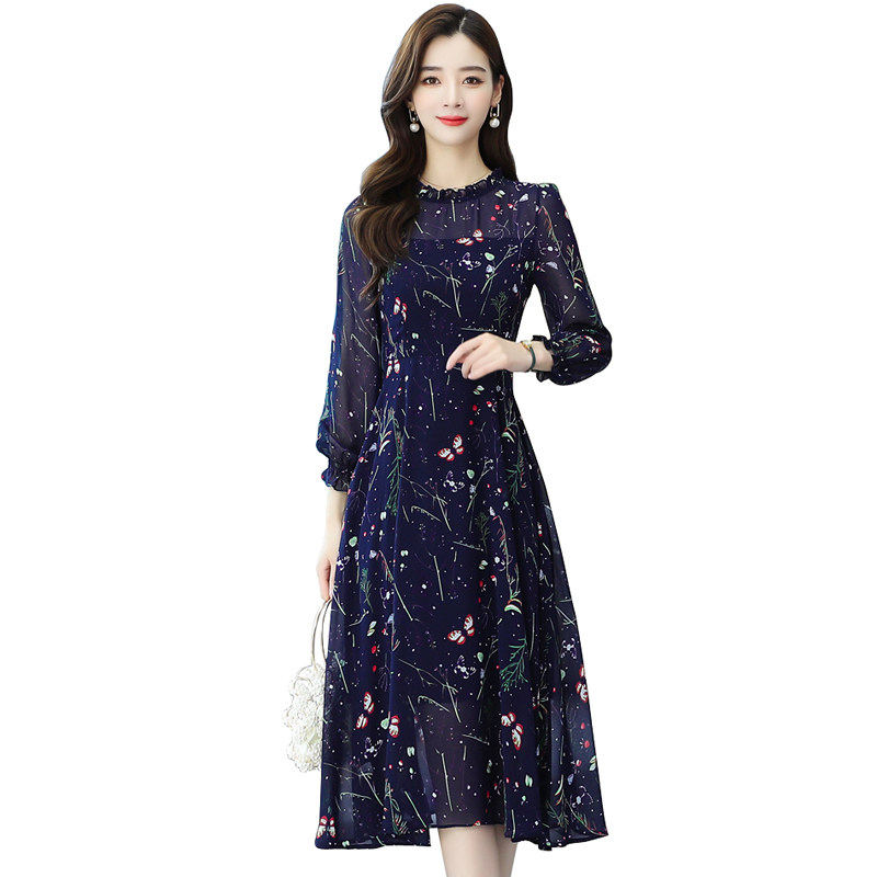 2025新款春秋碎花法式雪纺收腰显瘦长袖长款连衣裙,女装连衣裙,丽莎妳雅