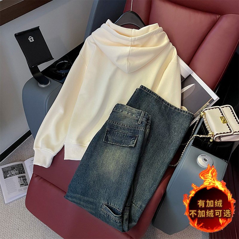 女秋杏色短款卫衣时尚牛仔阔腿裤套装,女装套装/套裙,2C310