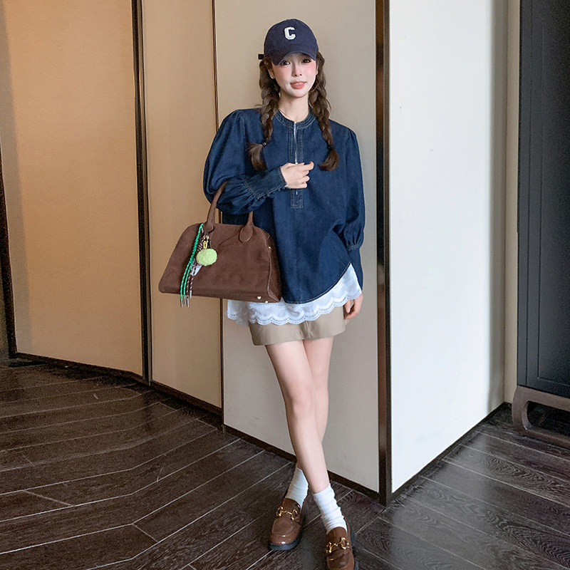 蓝色长袖牛仔衬衫女2025春秋新款复古设计感小个子休闲百搭短上衣,女装衬衫,2C087