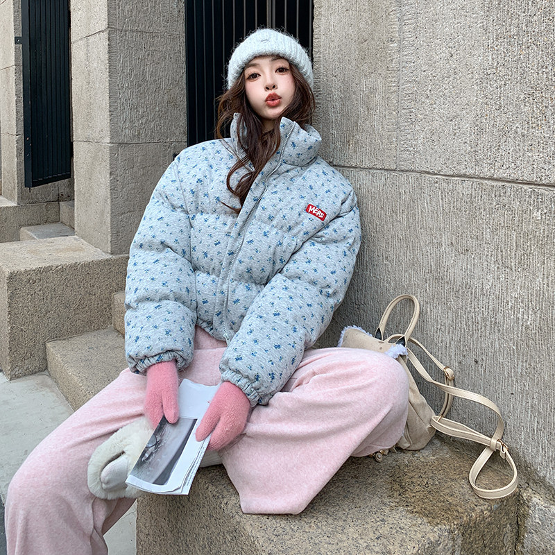 韩系小碎花立领短款羽绒棉服女2024新款冬季加厚保暖小个子面包服,女装棉衣/棉服,2C122