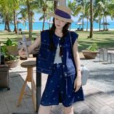 小个子盐甜系穿搭牛仔马甲套装女夏新款轻薄休闲显瘦短裤两件套，女装套装/套裙，2C307