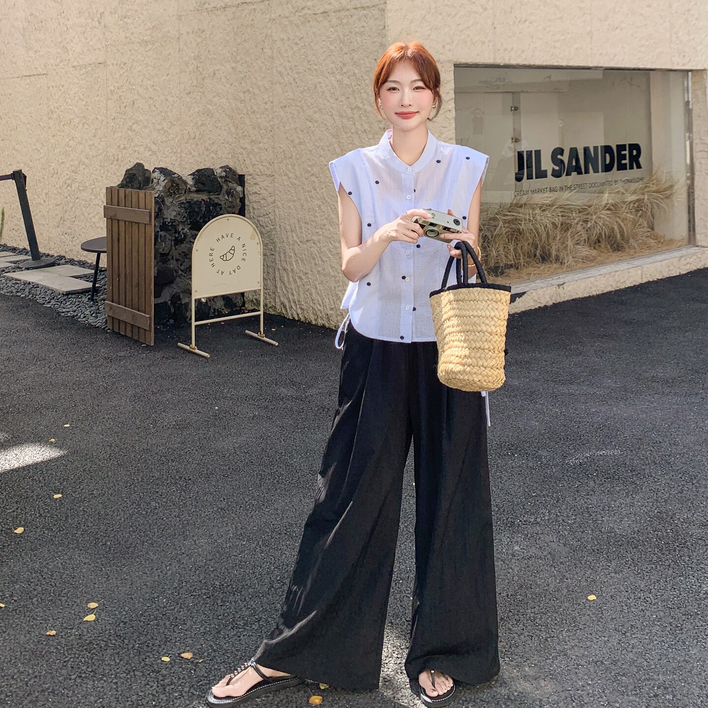 韩系设计感波点无袖衬衫套装女2025夏小个子宽松休闲阔腿裤两件套,女装套装/套裙,2C135