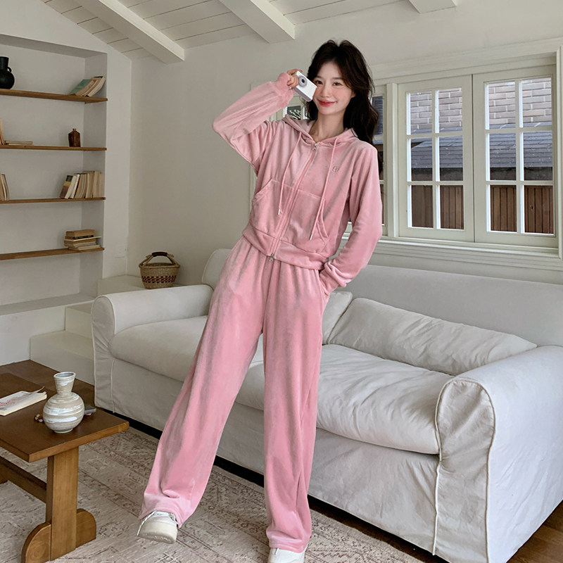 粉色减龄休闲连帽卫衣套装女2025春秋新款显瘦阔腿裤运动服两件套,女装套装/套裙,2C009