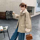 卡其色羊羔毛拼接派克羽绒服女冬季大翻领白鸭绒加厚保暖收腰外套，女装羽绒服，2C166