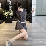 设计感时尚套装女春季新款修身显瘦连帽假两件卫衣半身短裙两件套，女装套装/套裙，2C310