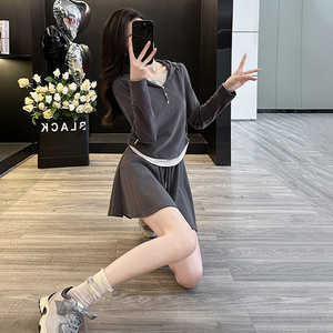 设计感时尚套装女春季新款修身显瘦连帽假两件卫衣半身短裙两件套图片