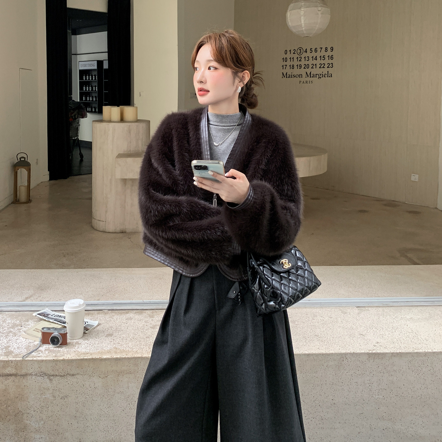 小香风气质环保皮草外套女冬季2025新款撞色拼接保暖皮毛一体棉服,女装毛呢外套,2C059
