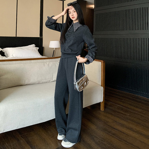女春高级感拼接色烫钻订珠卫衣阔腿裤两件套图片