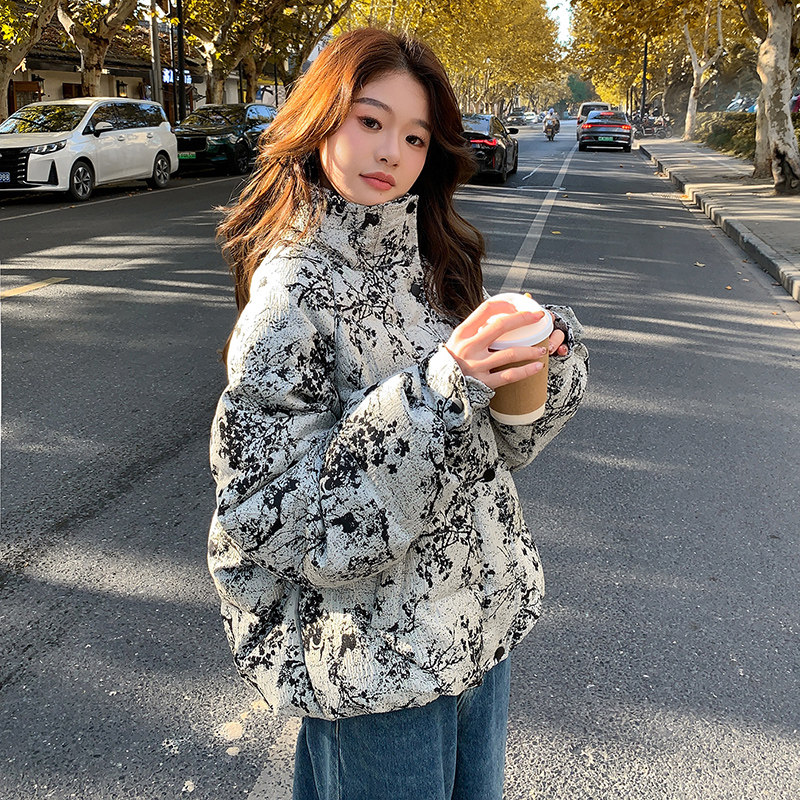 新中式国风水墨印花短款羽绒服女2025冬季新款显瘦加厚白鸭绒外套,女装羽绒服,2B237