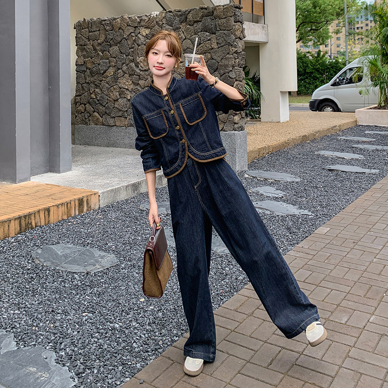 撞色高级感气质牛仔套装2026新款女秋又A又飒阔腿裤小个子两件套,女装套装/套裙,2C159