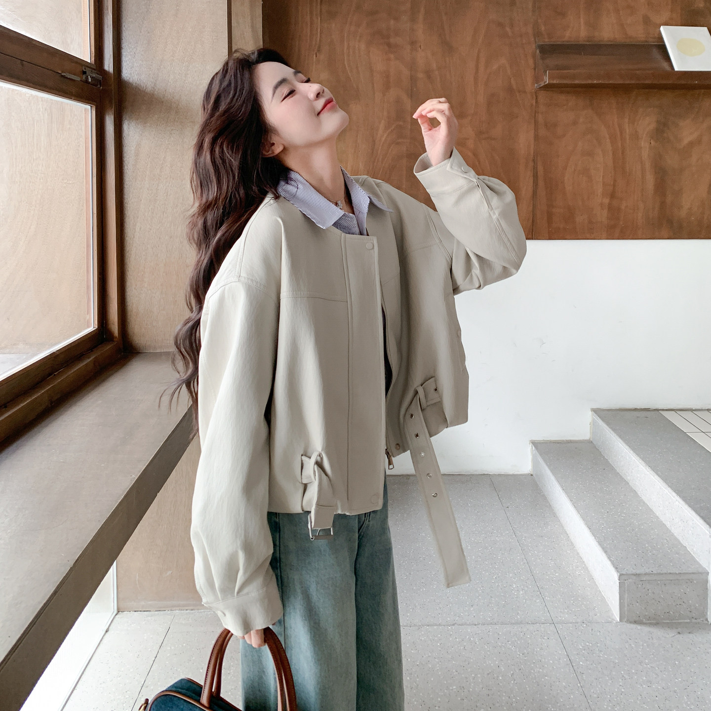 港风翻领假两件皮衣外套女2026新款减龄上衣2C227/6606/P165K268,女装皮衣,2C227