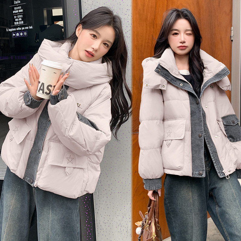 韩系设计感牛仔拼接羽绒服女2025冬季新款小个子加厚保暖面包服潮,女装羽绒服,2C082