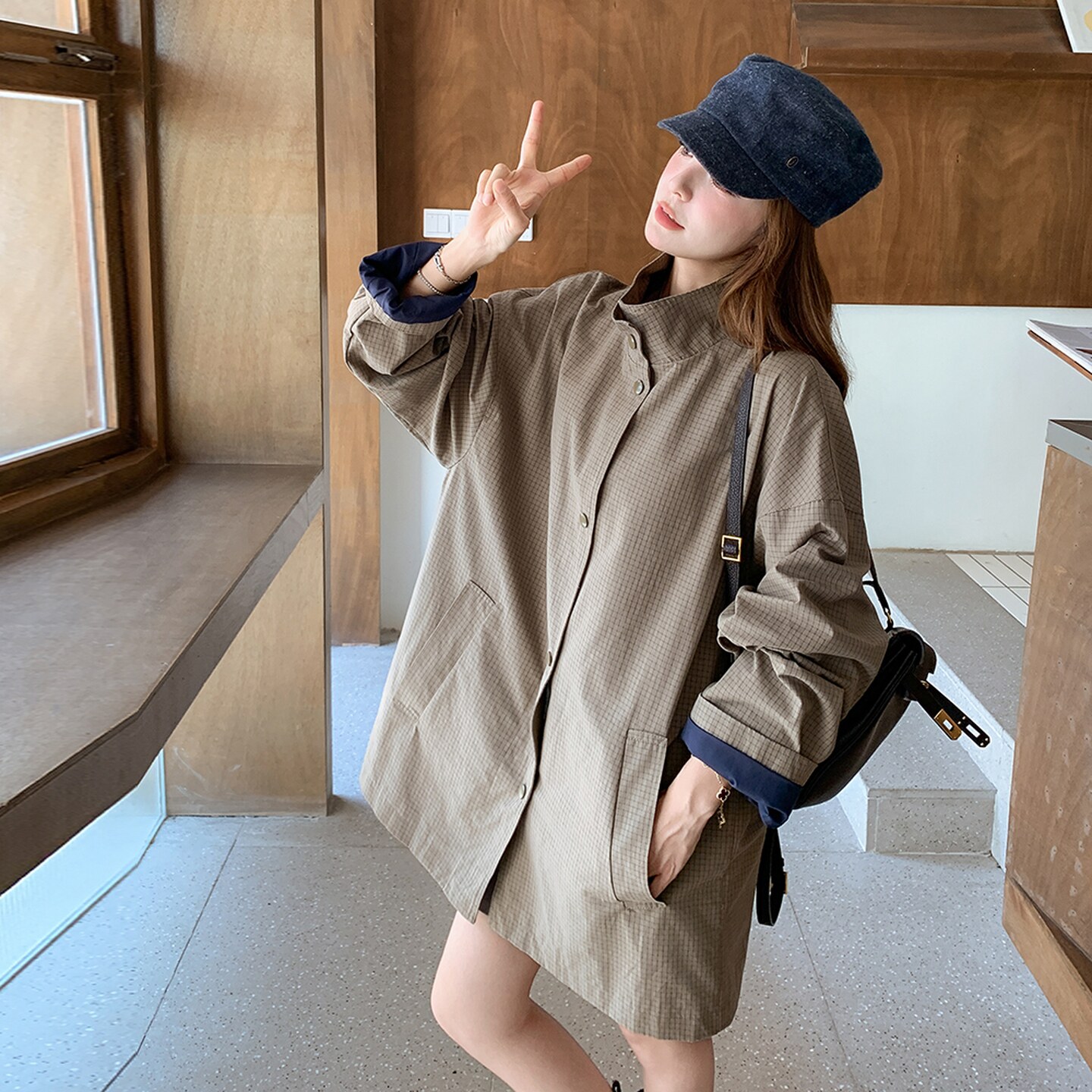 咖色复古格子风衣外套女2025秋季新款韩版小个子宽松显瘦休闲大衣,女装风衣,2C307