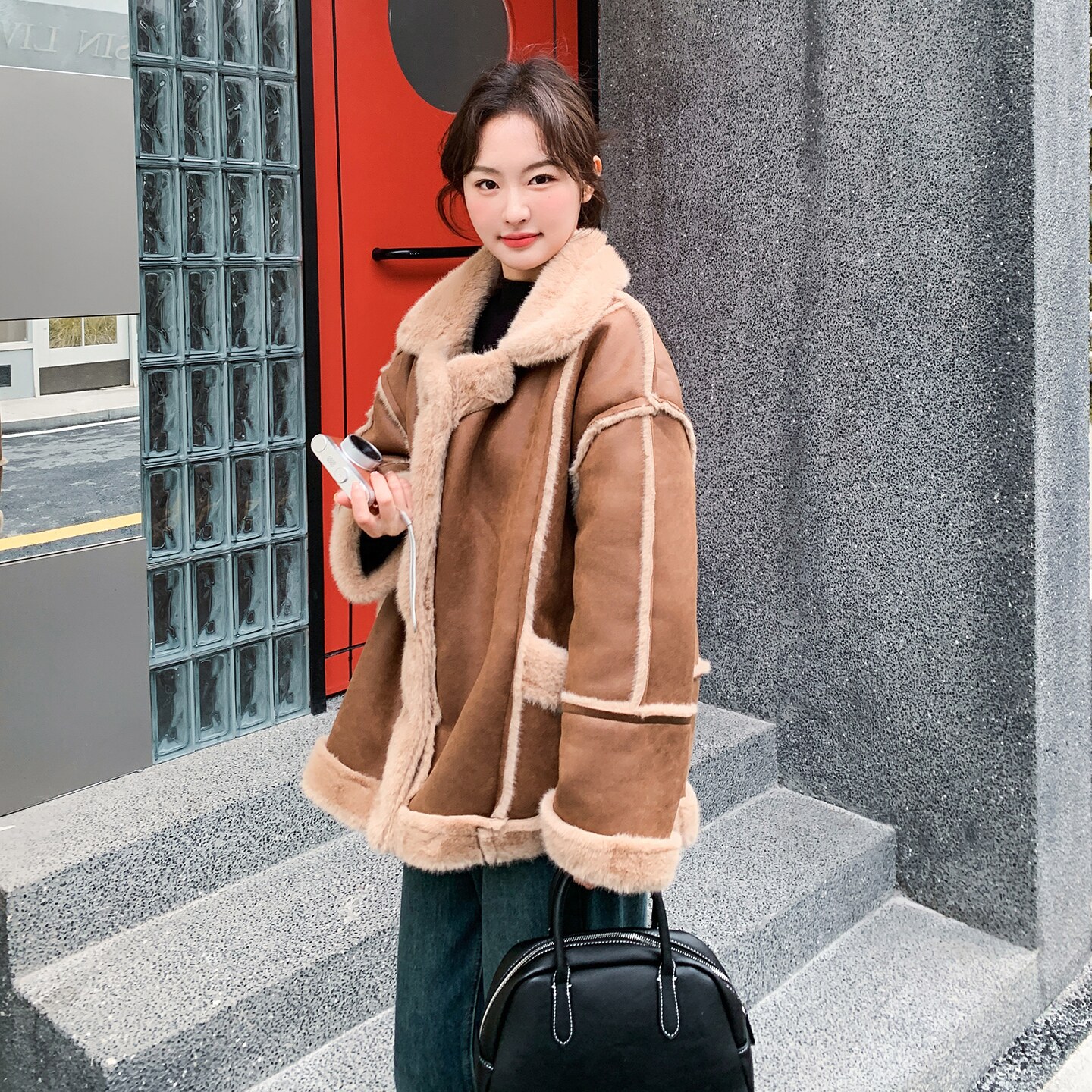 时尚气质穿搭皮毛一体羊羔毛外套女2025冬季新款加厚保暖棉衣棉服,女装棉衣/棉服,2D036