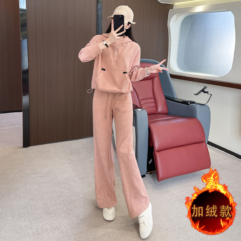 时尚运动风加绒连帽卫衣阔腿裤两件套,女装套装/套裙,2C310