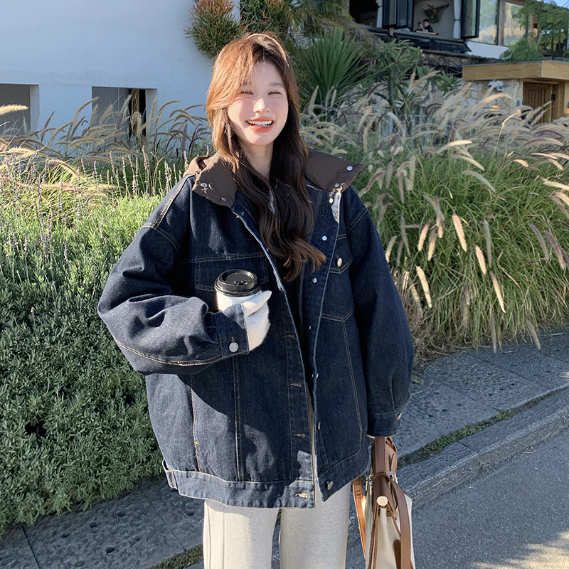 深蓝色牛仔连帽羽绒服女2024冬新款韩版宽松休闲小个子白鸭绒外套,女装羽绒服,2C113