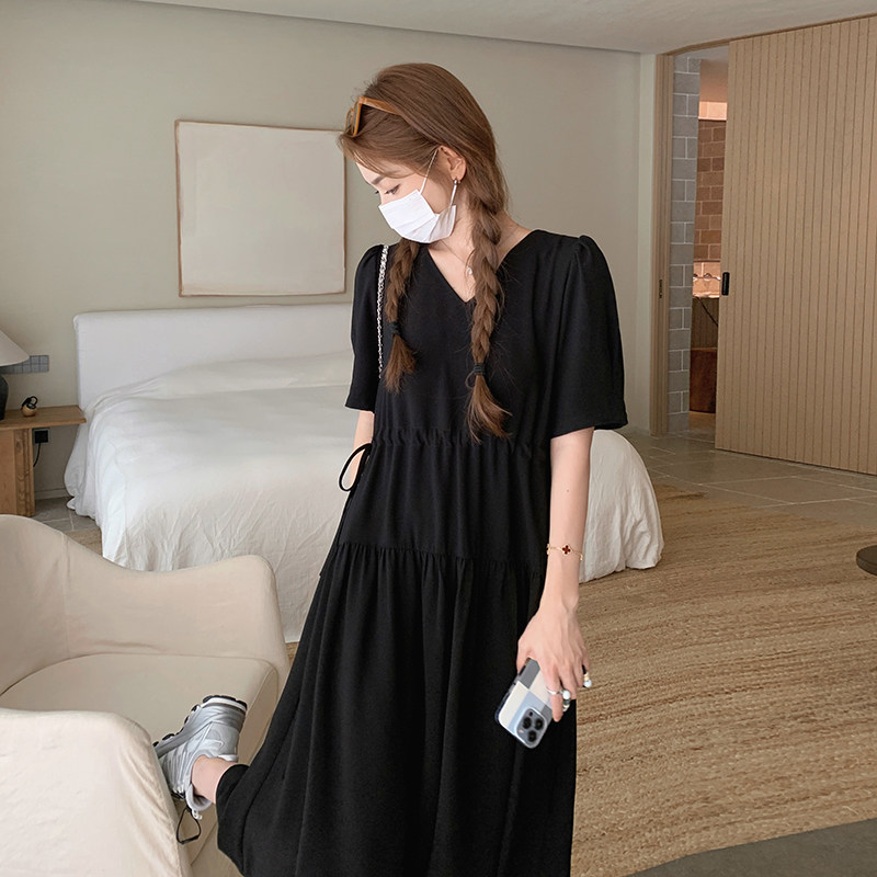 现货夏季黑色简约风V领连衣裙2C032835P105K158,女装连衣裙,2C032