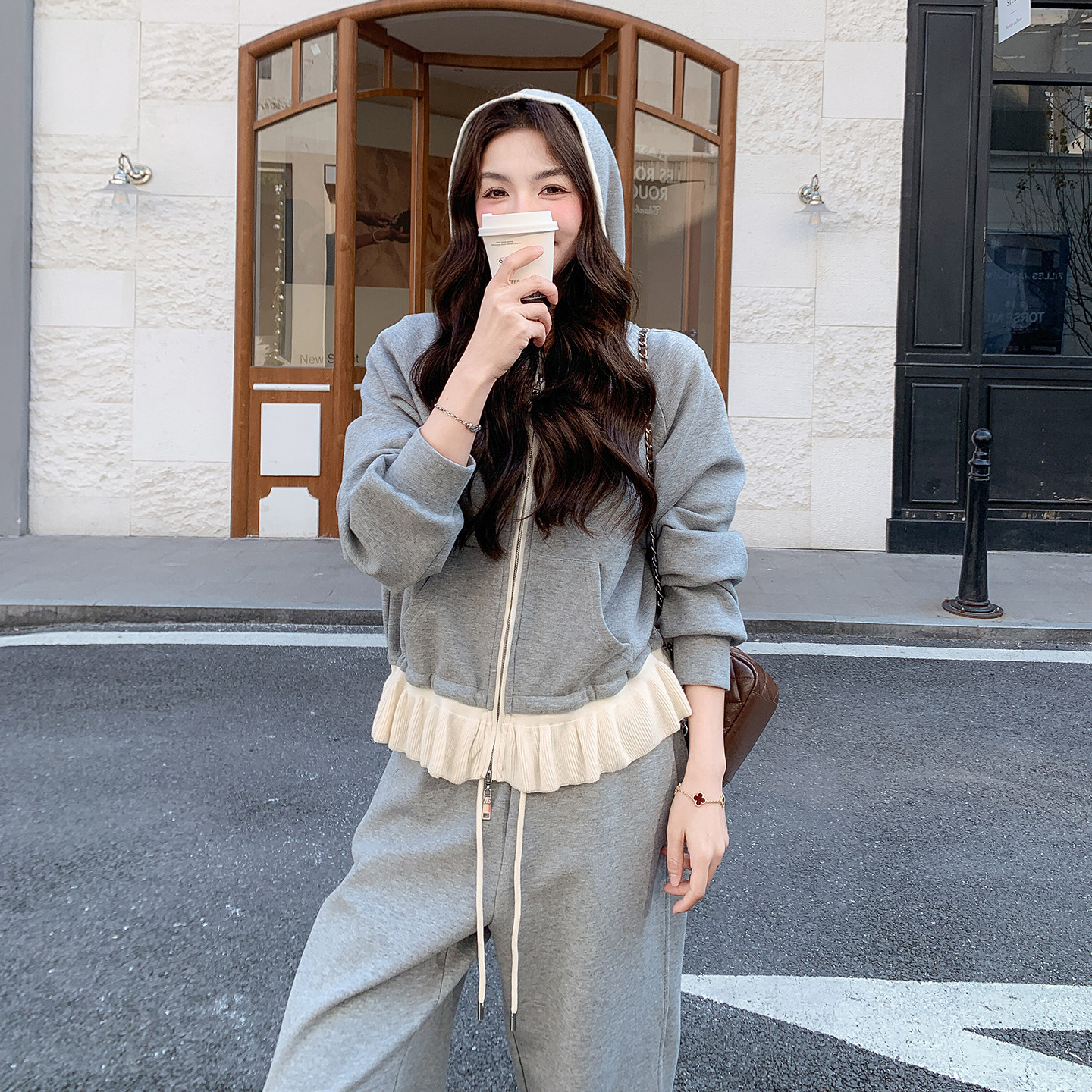 【现货】新款图下摆抽绳拼接花边卫衣套装1213-P195-K318,女装套装/套裙,2C301