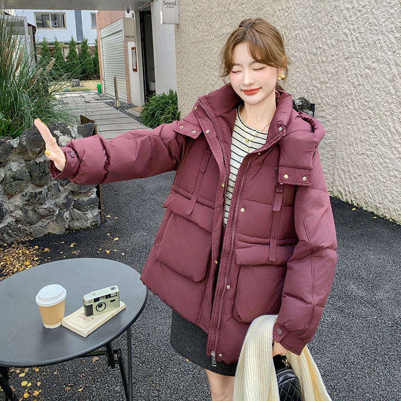 安哥拉红羽绒服女短款2024冬新款小个子加厚收腰大口袋白鸭绒外套图片