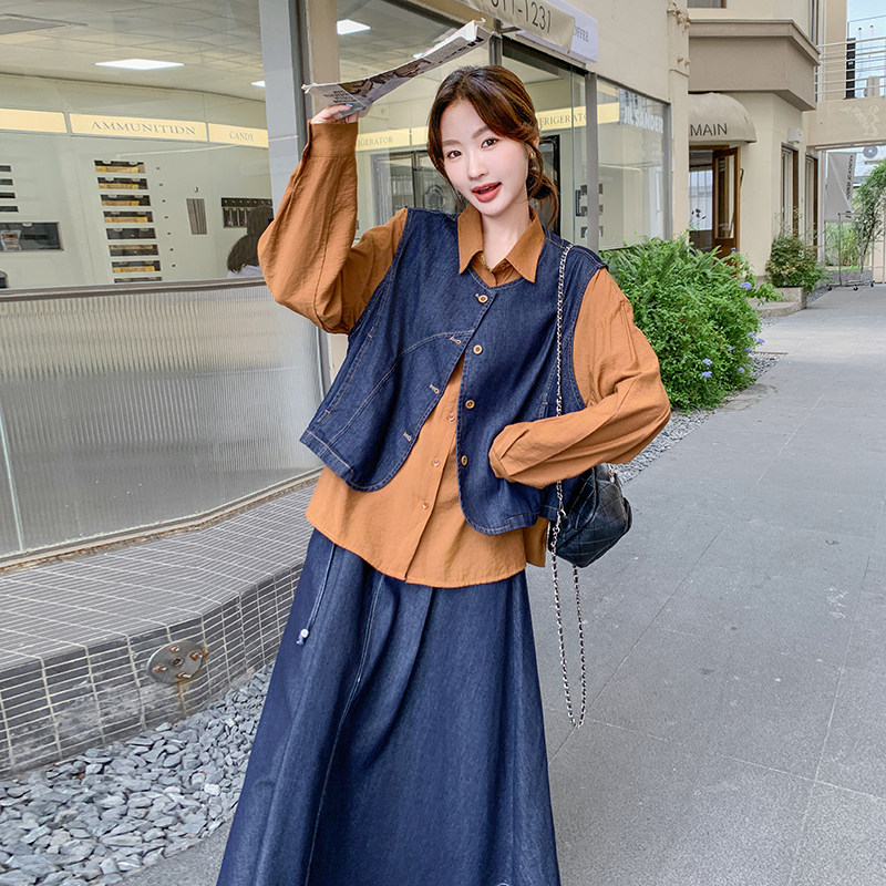 法式复古牛仔套装连衣裙女2026春秋设计感小众慵懒风半身裙三件套,女装套装/套裙,2C166