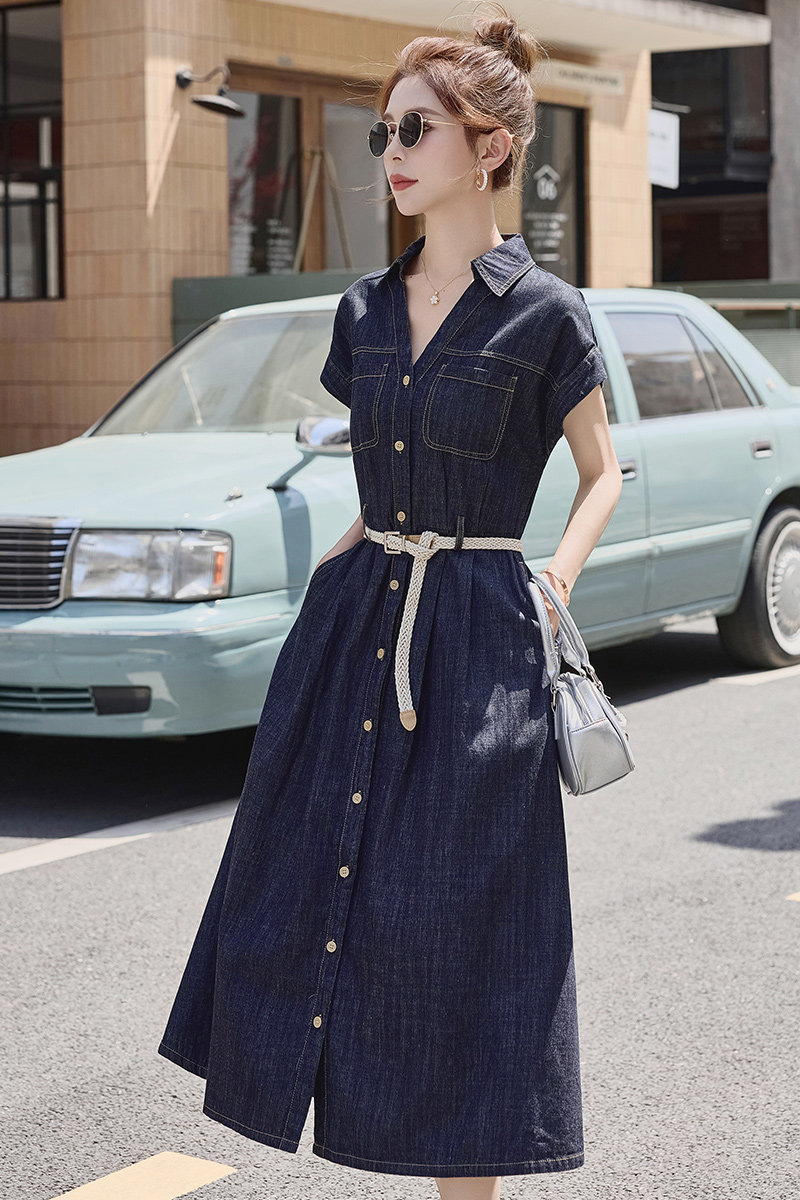 韩版牛仔蓝收腰连衣裙女2025夏季新款时尚独特超好看减龄显瘦长裙,女装连衣裙,2C215