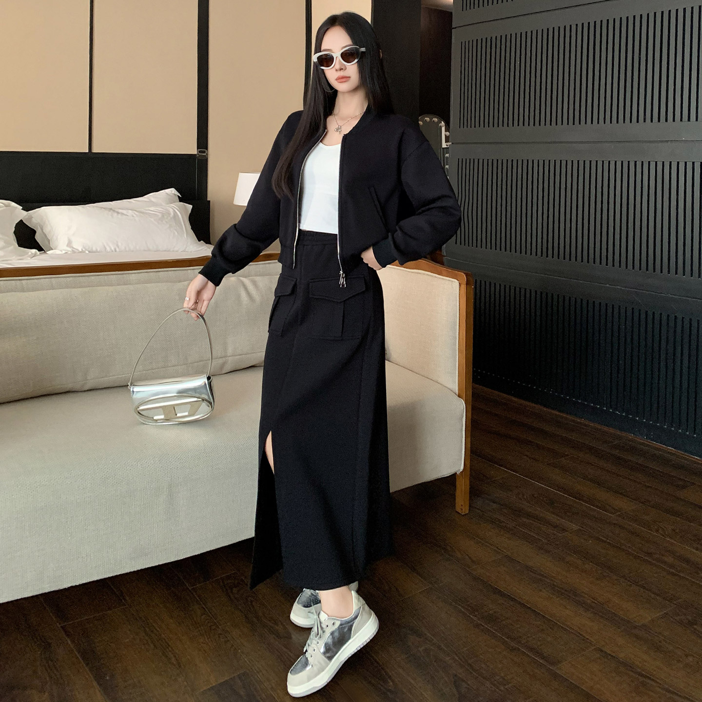纯色连帽拉链开衫卫衣套装女秋季新款时尚减龄开叉半身裙两件套潮,女装套装/套裙,2C310