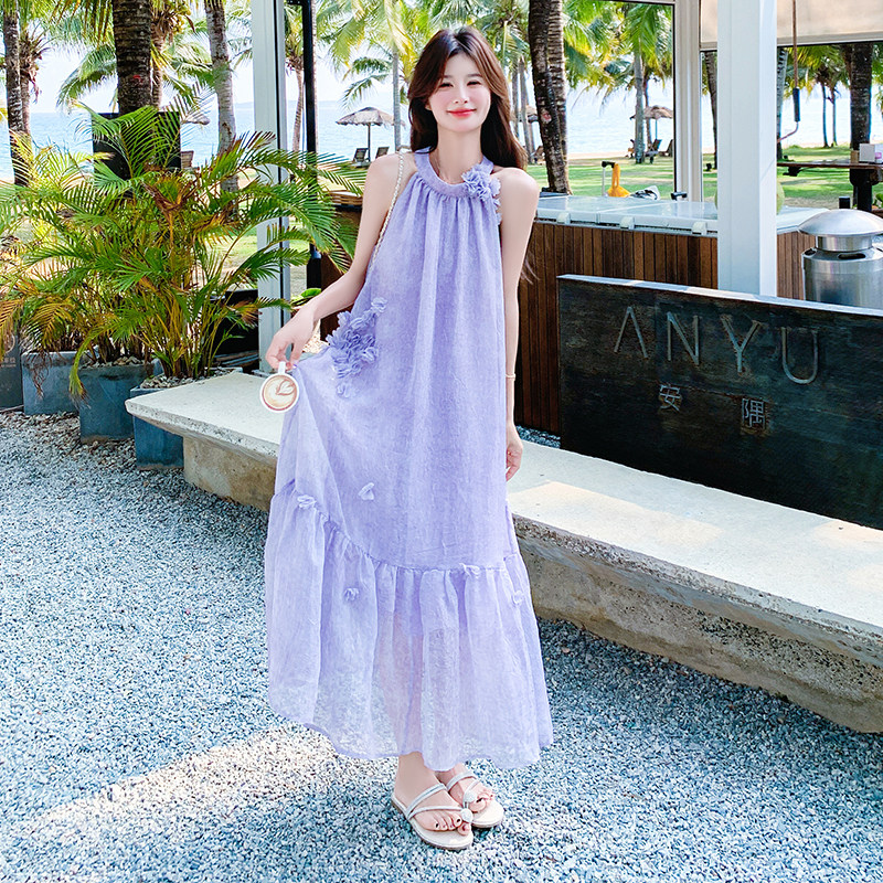 甜美减龄淡紫色挂脖吊带连衣裙女夏2025新款长裙超仙海边度假爆款,女装连衣裙,2D009